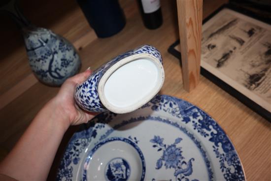 A Chinese blue and white moon flask, charger etc largest diameter 41cm